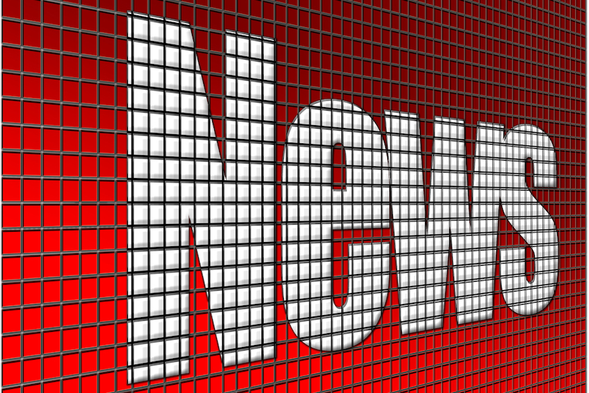Large mosaic of red tiles with word NEWS
