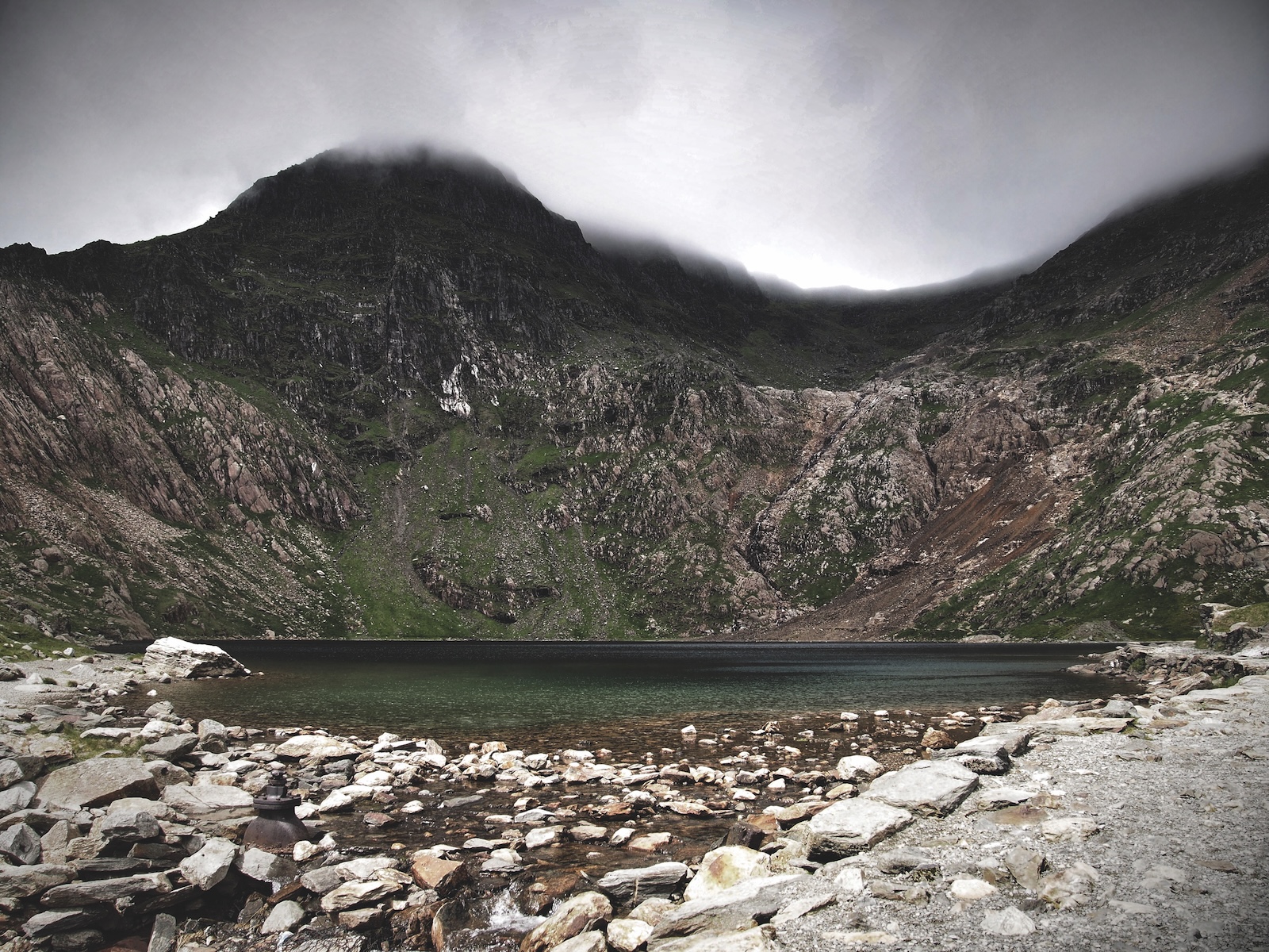 A view of a mountain and lake in Snowdonia.